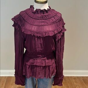 NEW! FARM Rio burgundy plum Long Sleeve Ruffled Blouse size M